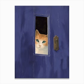 Cat Peeking Out Of A Blue Door Canvas Print