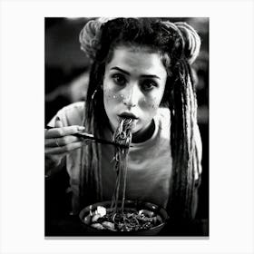 Woman Eating Pasta Black And White Vintage Spaghetti Canvas Print