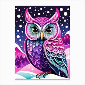 Pink Owl Snowy Landscape Painting (165) Canvas Print