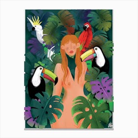 Jungle Woman With Toucans Canvas Print