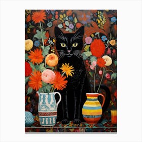 Black Cat With Flowers Canvas Print