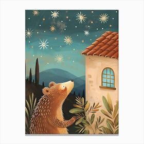 Sloth Bear Looking At A Starry Sky Storybook Illustration 2 Canvas Print