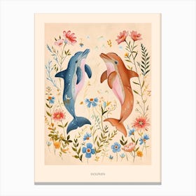 Folksy Floral Animal Drawing Dolphin Poster Canvas Print