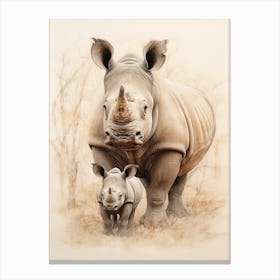Rhino & Baby Rhino Detailed Illustration 2 Canvas Print