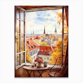 Window View Of Tallinn Estonia In Autumn Fall, Watercolour 2 Canvas Print