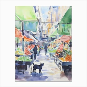 Food Market With Cats In Brooklyn 3 Watercolour Canvas Print