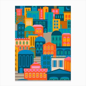CITY LIGHTS AT NIGHT Vintage Travel Poster Portrait Layout with Geometric Architecture Buildings in Bright Rainbow Colours Orange Yellow Pink Green Blue Brown Cream on Dark Navy Blue Canvas Print