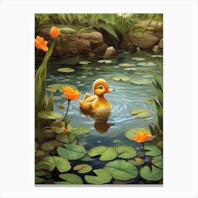 Cartoon Duckling Swimming With Water Lilies 2 Canvas Print