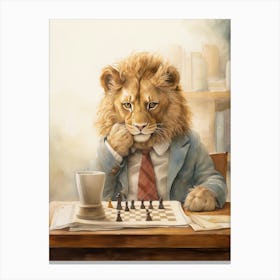 Playing Chess Watercolour Lion Art Painting 1 Canvas Print