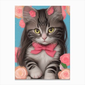 Cute Kitten With Pink Roses Canvas Print