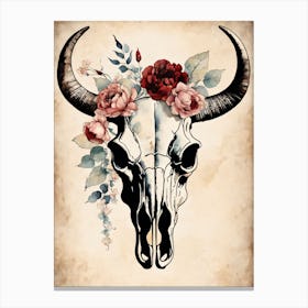 Vintage Boho Bull Skull Flowers Painting (36) Canvas Print