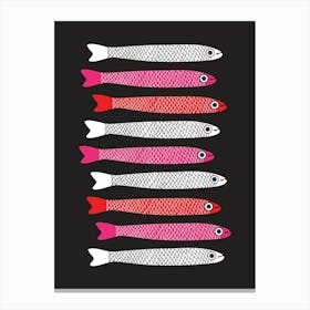 ANCHOVIES Retro Swimming Fish Horizontal in White Fuchsia Pink and Red on Black Canvas Print