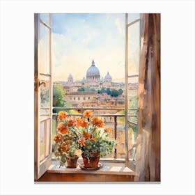 Window View Of Rome Italy In Autumn Fall, Watercolour 3 Canvas Print
