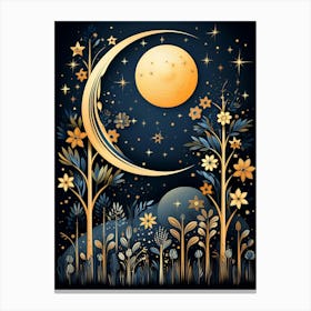 Crescent Moon Full Moon And Stylized Floral Landscape At Night Canvas Print