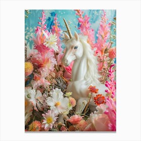 Toy Unicorn Surrounded By Flowers 3 Canvas Print