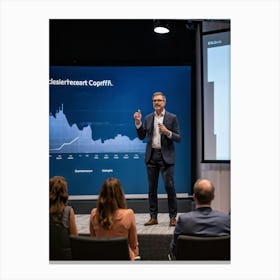 Ceo Delivering A Keynote Speech Mid Gesture Implying Advice On Career Progress And Corporate Econo 2 Canvas Print