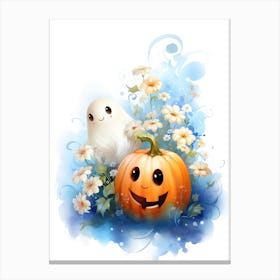 Cute Ghost With Pumpkins Halloween Watercolour 41 Canvas Print