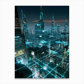 A Futuristic Cityscape Interconnected By Glowing Cyber Security Mesh Networks Represented By Pulsat (5) Canvas Print