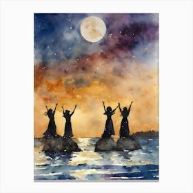 Sea Witches ~ Lunar Goddess Drawing Down The Moon ~ Witchy Pagan Manifesting Spells Watercolour Wiccan Artwork Canvas Print