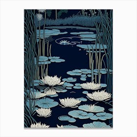 Pond With Lily Pads Water Waterscape Linocut 3 Canvas Print