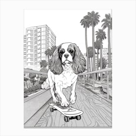 Cavalier King Charles Spaniel Dog Skateboarding Line Art 3 Canvas Print