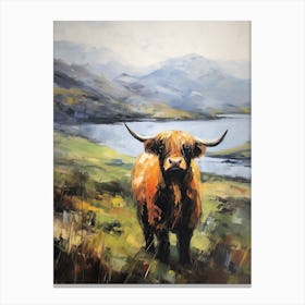 Brushstrokes Of Highland Cow By The Loch Canvas Print