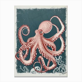 Red & Navy Blue Octopus In The Ocean Linocut Inspired 1 Canvas Print