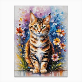 Tabby Cat Surrounded by Flowers Colorful Summer Painting | Gallery Wall Art in HD Canvas Print