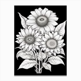 Sunflowers In Black And White Line Art 2 Canvas Print
