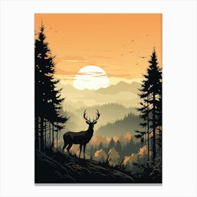 Deer In The Forest At Sunset Canvas Print