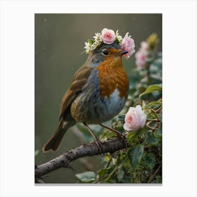 Robin With Flower Crown 5 Canvas Print