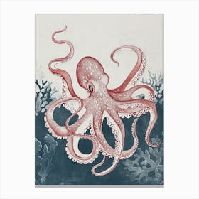 Red Octopus Linocut On The Ocean Floor Linocut Inspired 3 Canvas Print