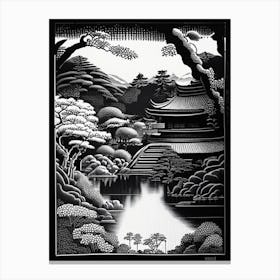 Ginkaku Ji, Japan Linocut Black And White Vintage Canvas Print