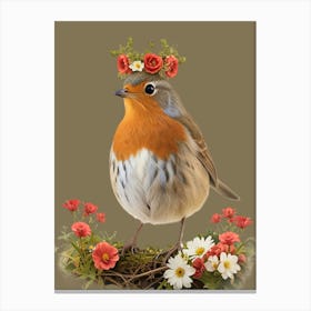 Bird With A Flower Crown Robin Canvas Print