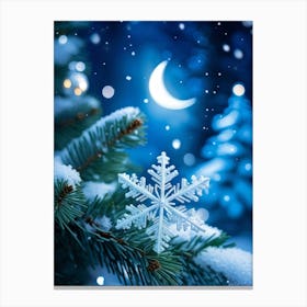 Closeup Of A Single Luminescent Snowflake Catch The Glimmer Of A Quarter Moon Resting On A Coniferou Canvas Print