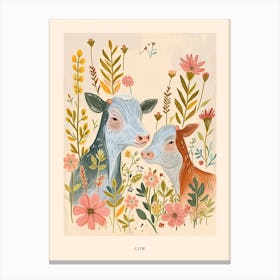 Folksy Floral Animal Drawing Cow 5 Poster Canvas Print