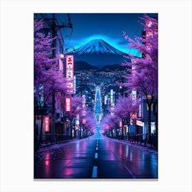 Mount Fuji Night City View with Pink Cherry Blossoms Landscape Poster Canvas Wall Room Decor Canvas Print