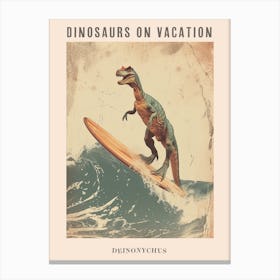 Vintage Deinonychus Dinosaur On A Surf Board 2 Poster Canvas Print