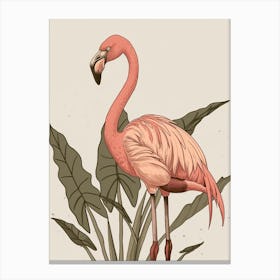 American Flamingo And Alocasia Elephant Ear Minimalist Illustration 3 Canvas Print