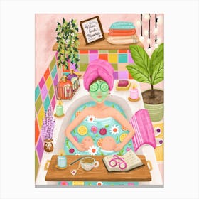 Woman in Bathtub Self care Illustration Relax Soak Unwind Inspirational Canvas Print