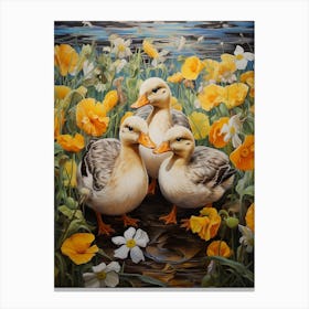 Ducklings In A Bed Of Flowers Painting 4 Canvas Print