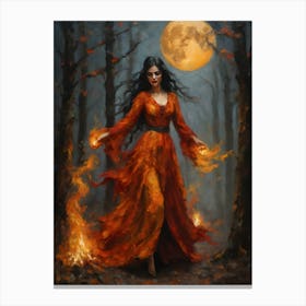 Fire Goddess - Pagan Element of Fire Witchcraft Oil Painting Summoning on a Full Moon Wicca Witchcore Powerful Woman Canvas Print