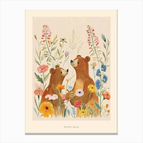 Folksy Floral Animal Drawing Brown Bear 3 Poster Canvas Print