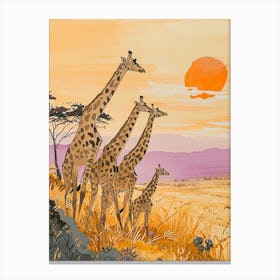 Giraffes In A Line At Sunset 4 Canvas Print