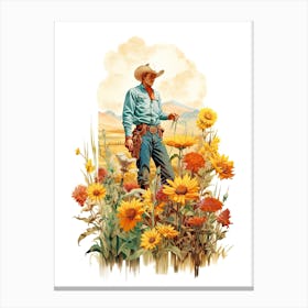 Cowboy With Flowers In A Ranch Canvas Print