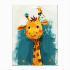 Small Joyful Giraffe With A Bird On Its Head 15 Canvas Print