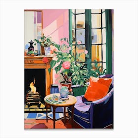 Room With A Fireplace. Gouache Interior Painting Canvas Print