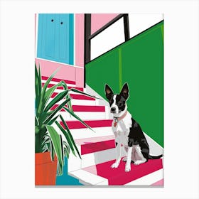 Dog On Stairs Canvas Print