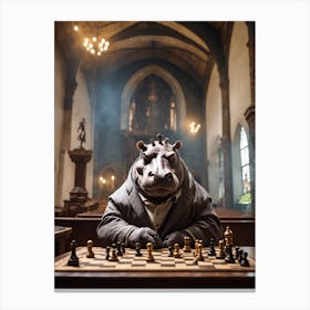 Hippo playing chess in a church Canvas Print