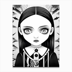 Wednesday Addams Line Art Cartoon 0 Fan Art Canvas Print